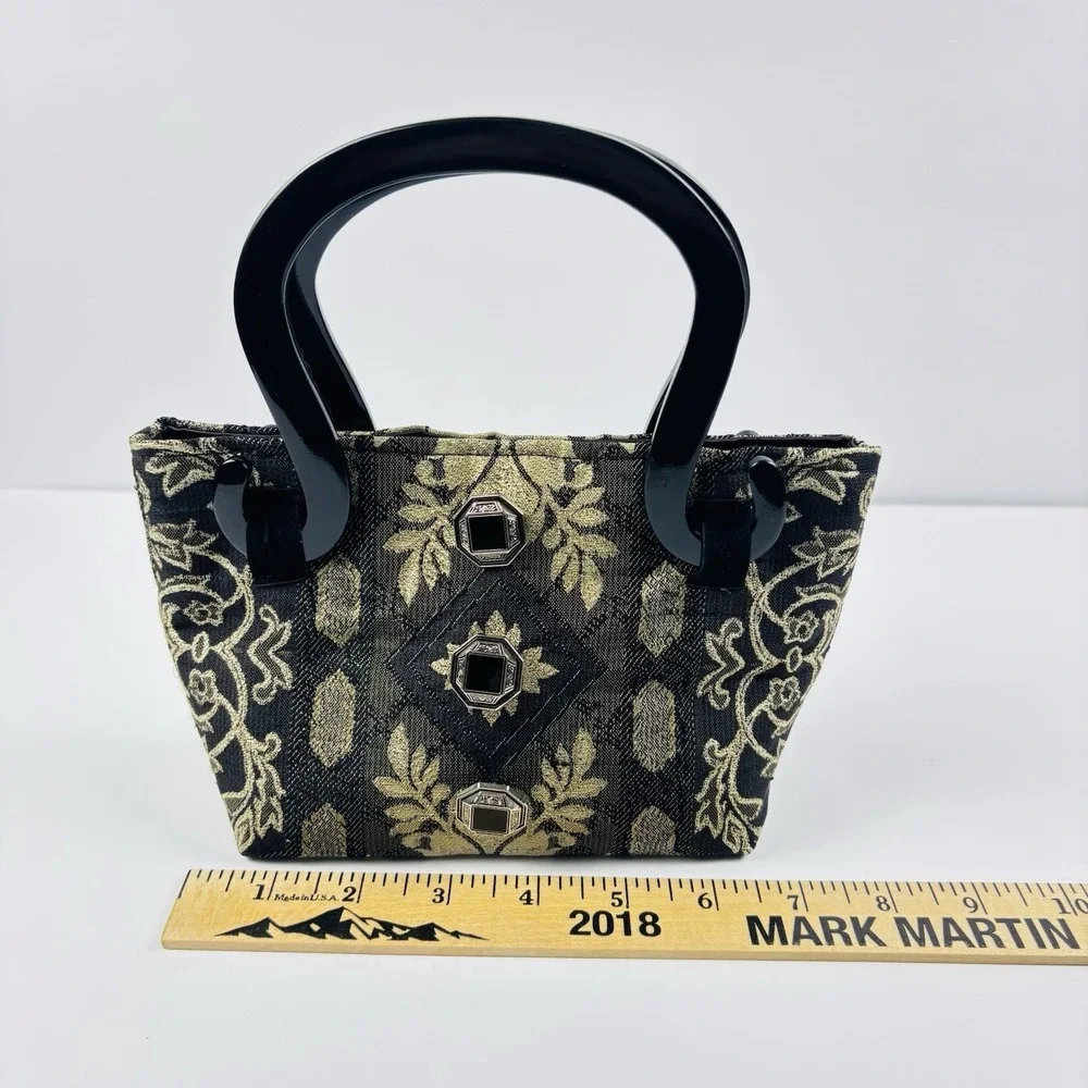 Sonia Rose Tapestry Purse Gothic Black Bag Plastic Handles‎ Victorian Carpet Bag